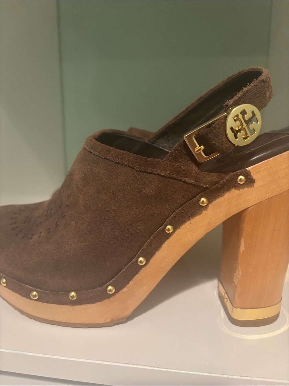 Tory Burch Brown Suede Studded Slingback Clog Mules